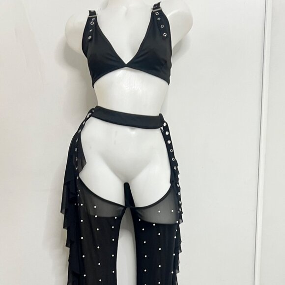 Sexy Black Sheer Mesh Pearl Embellished Two-Piece Set Ruffle Chaps Women Size XL - Picture 8 of 16